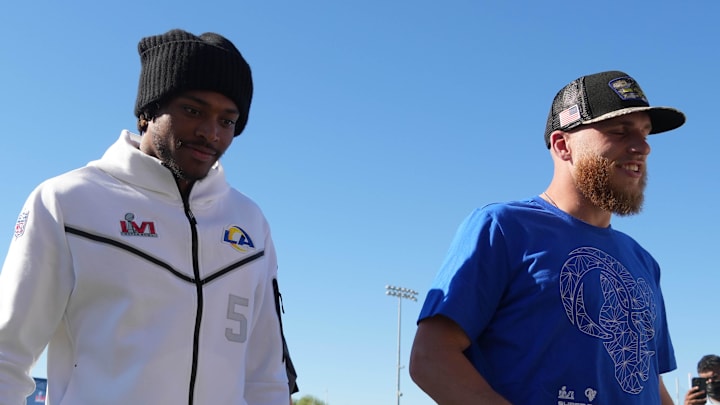 Feb 11, 2022; Thousand Oaks, CA, USA; Los Angeles Rams safety Jalen Ramsey (left) and receiver Cooper Kupp during press conference at Cal Lutheran University. Mandatory Credit: Kirby Lee-Imagn Images