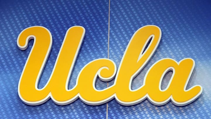 Dec 19, 2023; Los Angeles, California, USA; The UCLA Bruins basketball logo at Pauley Pavilion presented by Wescom. Mandatory Credit: Kirby Lee-Imagn Images