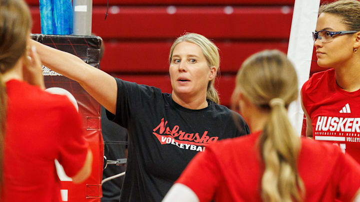 Nebraska volleyball coach Dani Busboom Kelly at practice ahead of the 2025 season.