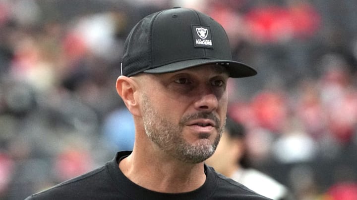 Jan 4, 2026; Paradise, Nevada, USA; Las Vegas Raiders general manager John Spytek reacts during the game against the Kansas City Chiefs at Allegiant Stadium. Mandatory Credit: Kirby Lee-Imagn Images