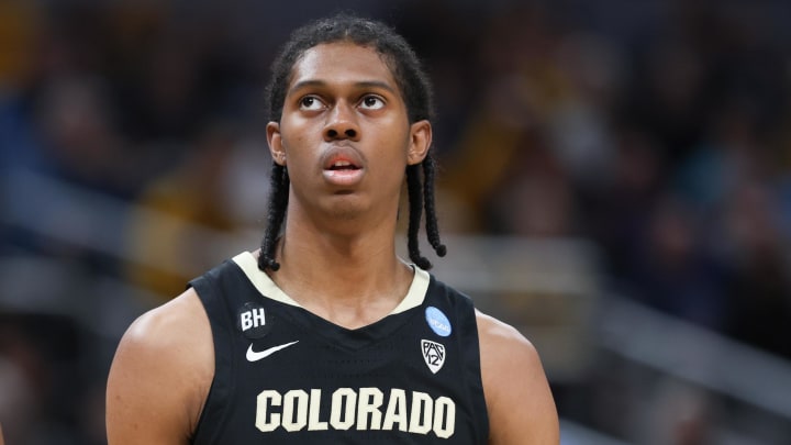 Mar 24, 2024; Indianapolis, IN, USA; Colorado Buffaloes forward Cody Williams (10) looks on during the first half against the Marquette Golden Eagles at Gainbridge FieldHouse. Mandatory Credit: Trevor Ruszkowski-USA TODAY Sports