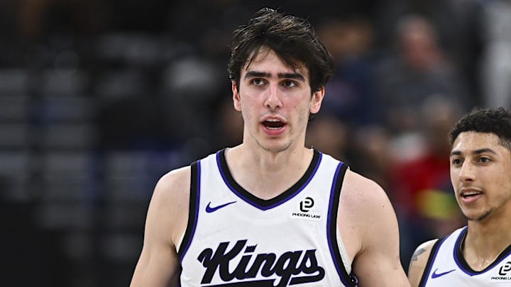 Mar 14, 2026; Inglewood, California, USA; Sacramento Kings center Maxime Raynaud (42) talks with guard Nique Clifford (5) during the second quarter at Intuit Dome. Mar 14, 2026; Inglewood, California, USA; Sacramento Kings center Maxime Raynaud (42) talks with guard Nique Clifford (5) during the second quarter at Intuit Dome.
