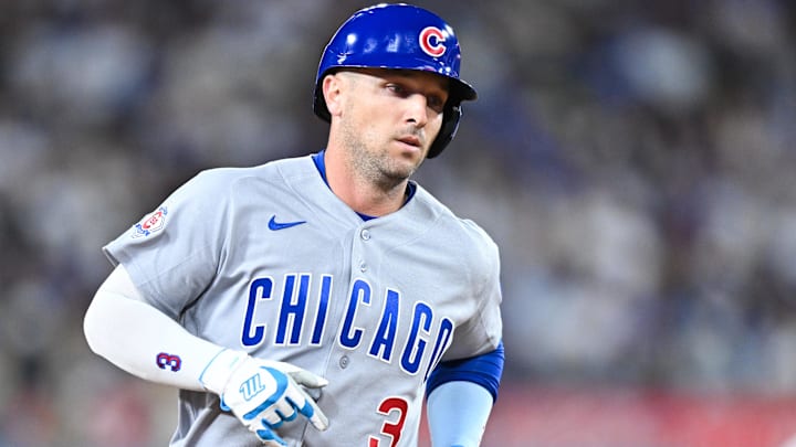 Apr 24, 2026; Los Angeles, California, USA; Chicago Cubs third baseman Alex Bregman (3) rounds the bases after hitting a solo home run during the eighth inning against the Los Angeles Dodgers at Dodger Stadium. Mandatory Credit: William Liang-Imagn Images