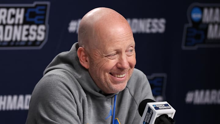 Mar 19, 2026; Philadelphia, PA, USA; UCLA Bruins head coach Mick Cronin speaks with the media before a practice session ahead of the first round of the men's 2026 NCAA Tournament at Xfinity Mobile Arena. Mandatory Credit: Bill Streicher-Imagn Images