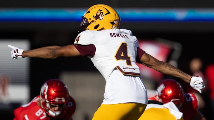 Nov 30, 2024; Tucson, Arizona, USA; Arizona State Sun Devils defensive back Myles Rowser (4) against the Arizona Wildcats during the Territorial Cup at Arizona Stadium. Mandatory Credit: Mark J. Rebilas-Imagn Images Nov 30, 2024; Tucson, Arizona, USA; Arizona State Sun Devils defensive back Myles Rowser (4) against the Arizona Wildcats during the Territorial Cup at Arizona Stadium. Mandatory Credit: Mark J. Rebilas-Imagn Images