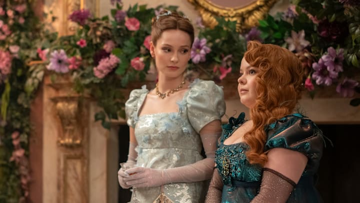 Bridgerton. (L to R) Hannah Dodd as Francesca Bridgerton, Nicola Coughlan as Penelope Featherington in episode 301 of Bridgerton. Cr. Laurence Cendrowicz/Netflix © 2024
