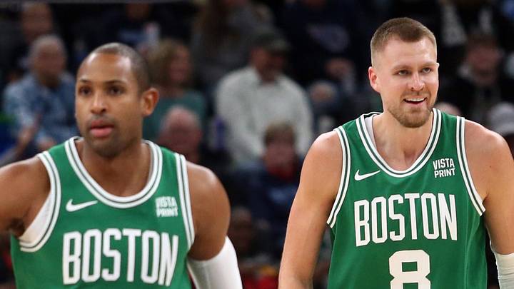 Nov 19, 2023; Memphis, Tennessee, USA; Boston Celtics center Al Horford (42) and center Kristaps Porzingis (8) get back on defense during the first half against the Memphis Grizzlies at FedExForum. Mandatory Credit: Petre Thomas-Imagn Images Nov 19, 2023; Memphis, Tennessee, USA; Boston Celtics center Al Horford (42) and center Kristaps Porzingis (8) get back on defense during the first half against the Memphis Grizzlies at FedExForum. Mandatory Credit: Petre Thomas-Imagn Images