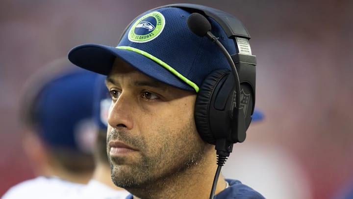 Dec 8, 2024; Glendale, Arizona, USA; Seattle Seahawks defensive coordinator Aden Durde against the Arizona Cardinals at State Farm Stadium. Mandatory Credit: Mark J. Rebilas-Imagn Images