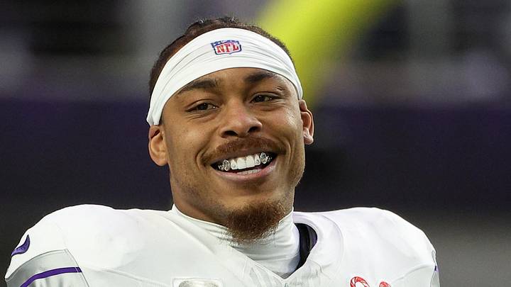 Dec 25, 2025; Minneapolis, Minnesota, USA; Minnesota Vikings wide receiver Justin Jefferson (18) looks on during warmups before the game against the Detroit Lions at U.S. Bank Stadium. Mandatory Credit: Matt Krohn-Imagn Images