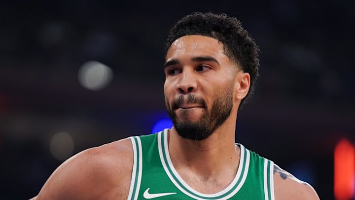 Apr 9, 2026; New York, New York, USA; Boston Celtics forward Jayson Tatum (0) looks on during the first half against the New York Knicks at Madison Square Garden. Mandatory Credit: Lucas Boland-Imagn Images