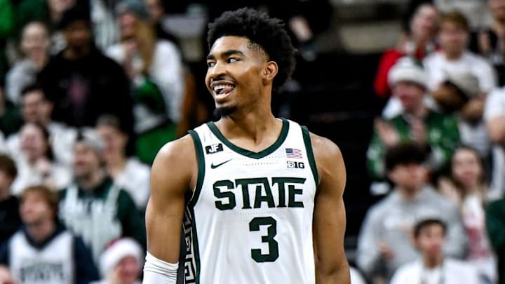 Michigan State's Jaden Akins celebrates after a Nebraska turnover during the second half on Saturday, Dec. 7, 2024, at the Breslin Center in East Lansing. Michigan State's Jaden Akins celebrates after a Nebraska turnover during the second half on Saturday, Dec. 7, 2024, at the Breslin Center in East Lansing.
