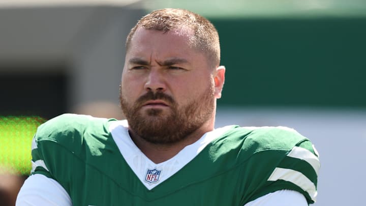 Sep 14, 2025; East Rutherford, New Jersey, USA; New York Jets defensive tackle Harrison Phillips (97) before the game against the Buffalo Bills at MetLife Stadium. Mandatory Credit: Vincent Carchietta-Imagn Images