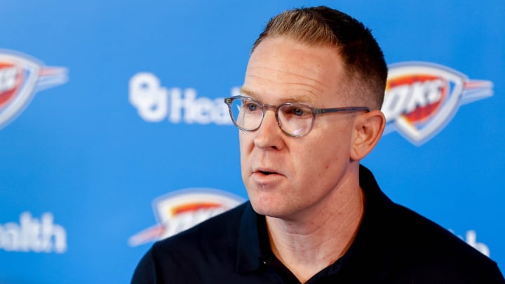 Sam Presti speaks to the press in Oklahoma City, on Tuesday, May 28, 2024. Sam Presti speaks to the press in Oklahoma City, on Tuesday, May 28, 2024.