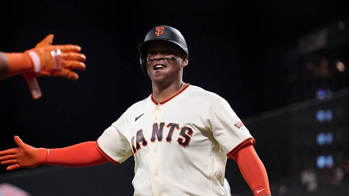 San Francisco, California, USA; San Francisco Giants designated hitter Rafael Devers (16) reacts after hitting a one run home run against the New York Mets during the sixth inning at Oracle Park. Mandatory Credit: Robert Edwards-Imagn Images