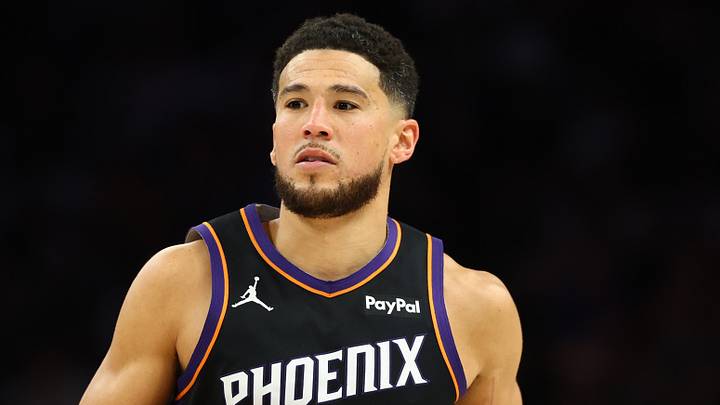 Apr 27, 2026; Phoenix, Arizona, USA; Phoenix Suns guard Devin Booker (1) against the Oklahoma City Thunder in the second half during game four of the first round of the 2026 NBA Playoffs at Mortgage Matchup Center. Mandatory Credit: Mark J. Rebilas-Imagn Images Apr 27, 2026; Phoenix, Arizona, USA; Phoenix Suns guard Devin Booker (1) against the Oklahoma City Thunder in the second half during game four of the first round of the 2026 NBA Playoffs at Mortgage Matchup Center. Mandatory Credit: Mark J. Rebilas-Imagn Images