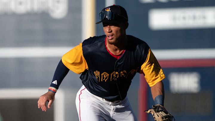 Worcester Red Sox first baseman Kristian Campbell hops to field a ball versus the Scranton/Wilkes-Barre Rail Riders on Friday July 18, 2025 at Polar Park in Worcester, Mass.