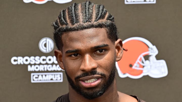 Jun 10, 2025; Berea, OH, USA; Cleveland Browns quarterback Shedeur Sanders (12) talk to the media during minicamp at CrossCountry Mortgage Campus. Mandatory Credit: Ken Blaze-Imagn Images