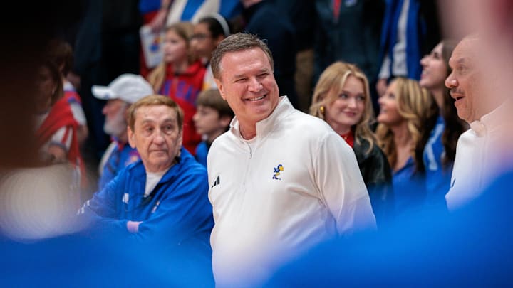 Mar 8, 2025; Lawrence, Kansas, USA; Kansas Jayhawks coach Bill Self on the sidelines prior to the game against the Arizona Wildcats at Allen Fieldhouse. Mar 8, 2025; Lawrence, Kansas, USA; Kansas Jayhawks coach Bill Self on the sidelines prior to the game against the Arizona Wildcats at Allen Fieldhouse.