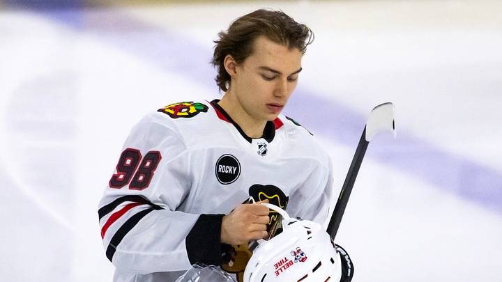 Mar 5, 2024; Tempe, Arizona, USA; Chicago Blackhawks center Connor Bedard (98) against the Arizona Coyotes at Mullett Arena. Mandatory Credit: Mark J. Rebilas-USA TODAY Sports Mar 5, 2024; Tempe, Arizona, USA; Chicago Blackhawks center Connor Bedard (98) against the Arizona Coyotes at Mullett Arena. Mandatory Credit: Mark J. Rebilas-USA TODAY Sports