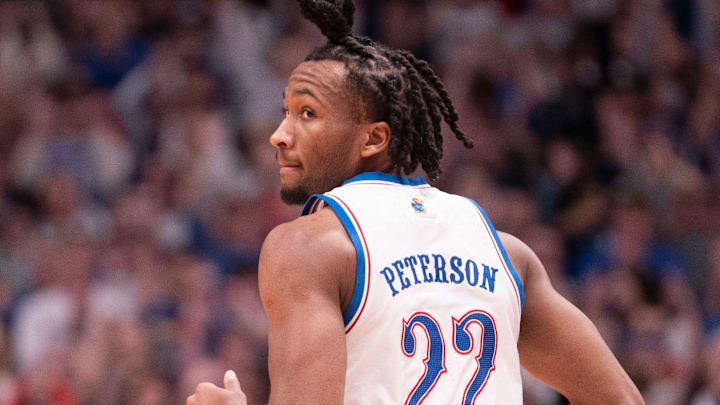 Kansas Jayhawks guard Darryn Peterson (22) looks back after scoring against Baylor Bears during the game inside Allen Fieldhouse on Jan. 16, 2026.