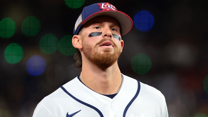 Mar 17, 2026; Miami, FL, United States; United States shortstop Bobby Witt Jr. (7) returns to the dug out in the second inning during the 2026 World Baseball Classic Championship game at loanDepot Park. Mandatory Credit: Sam Navarro-Imagn Images