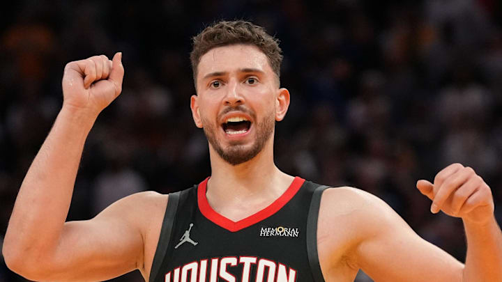 Houston Rockets center Alperen Sengun (28) reacts after making a shot while being fouled against the Golden State Warriors in the fourth quarter at the Chase Center on April 5, 2026.