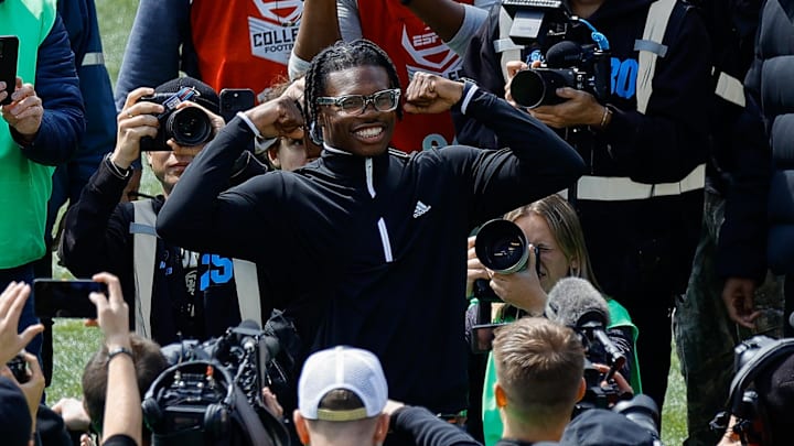Apr 19, 2025; Boulder, CO, USA; Former Colorado Buffaloes player Travis Hunter during his number retirement ceremony at Folsom Field. Mandatory Credit: Isaiah J. Downing-Imagn Images