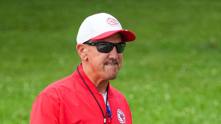 Jul 22, 2025; St. Joseph, MO, USA; Kansas City Chiefs defensive coordinator Steve Spagnuolo walks down the hill to the practice fields during training camp at Missouri Western State University. Mandatory Credit: Denny Medley-Imagn Images