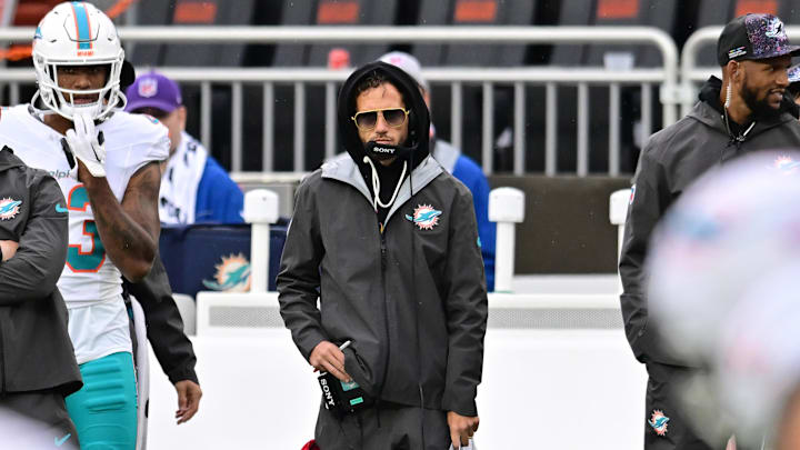 Oct 19, 2025; Cleveland, Ohio, USA; Miami Dolphins head coach Mike McDaniel watches from the sidelines during the second half against the Cleveland Browns at Huntington Bank Field. Mandatory Credit: Ken Blaze-Imagn Images