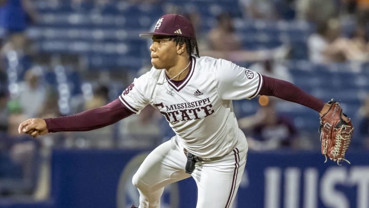 Mississippi State Bulldogs pitcher Jurrangelo Cijntje pitches against the Vanderbilt Commodores during the SEC Baseball Tournament at Hoover Metropolitan Stadium.