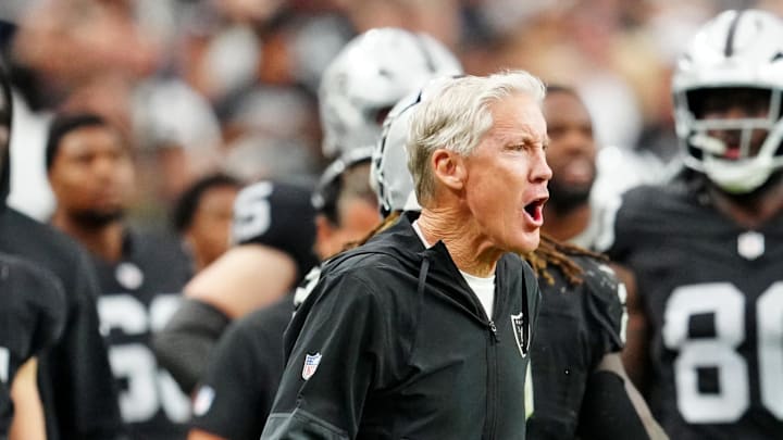 Oct 12, 2025; Paradise, Nevada, USA; Las Vegas Raiders head coach Pete Carroll reacts on the sidelines during the second half against the Tennessee Titans at Allegiant Stadium. Mandatory Credit: Stephen R. Sylvanie-Imagn Images