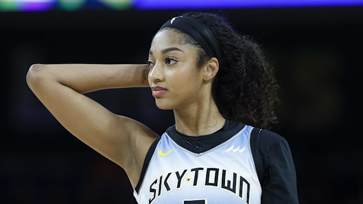 Sep 3, 2025; Chicago, Illinois, USA; Chicago Sky forward Angel Reese (5) walks on the court during the second half of a WNBA game against the Connecticut Sun at Wintrust Arena. Mandatory Credit: Kamil Krzaczynski-Imagn Images