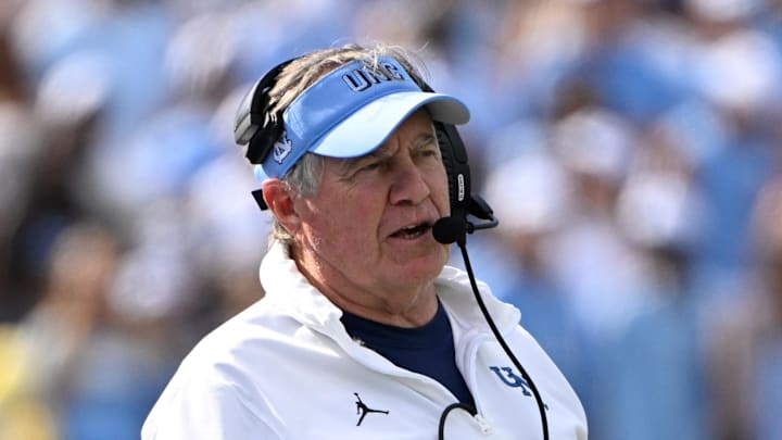 Sep 13, 2025; Chapel Hill, North Carolina, USA; North Carolina Tar Heels head coach Bill Belichick on the sidelines in the second quarter at Kenan Stadium. Mandatory Credit: Bob Donnan-Imagn Images