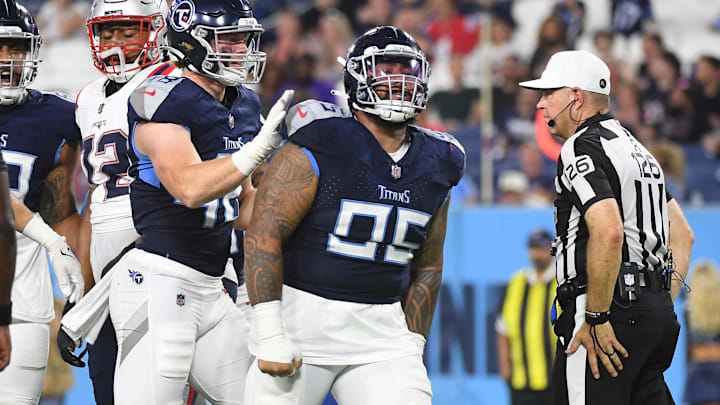 Aug 25, 2023; Nashville, Tennessee, USA; Tennessee Titans defensive tackle Kyle Peko (95) celebrates after a sack during the second half against the New England Patriots at Nissan Stadium. Mandatory Credit: Christopher Hanewinckel-Imagn Images