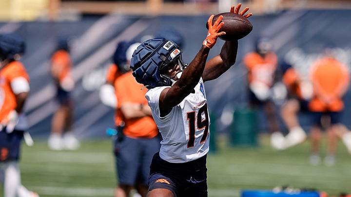 Denver Broncos wide receiver Marvin Mims Jr. (19) during Denver Broncos Training Camp. Denver Broncos wide receiver Marvin Mims Jr. (19) during Denver Broncos Training Camp.