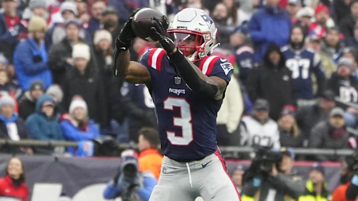 Dec 28, 2024; Foxborough, Massachusetts, USA; New England Patriots wide receiver DeMario Douglas (3) makes a catch against the Los Angeles Chargers during the second half at Gillette Stadium. Mandatory Credit: Gregory Fisher-Imagn Images