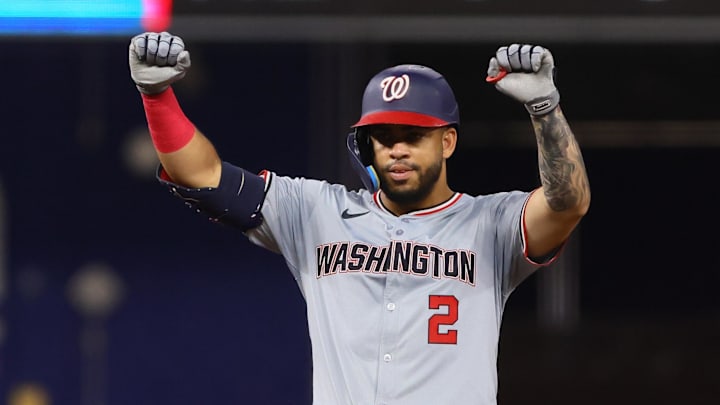 Sep 4, 2024; Miami, Florida, USA; Washington Nationals second baseman Luis Garcia Jr. (2) reacts from second base after hitting a double against the Miami Marlins during the fourth inning at loanDepot Park Sep 4, 2024; Miami, Florida, USA; Washington Nationals second baseman Luis Garcia Jr. (2) reacts from second base after hitting a double against the Miami Marlins during the fourth inning at loanDepot Park