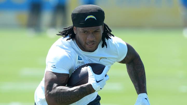 May 19, 2026; El Segundo, CA, USA; Los Angeles Chargers running back Omarion Hampton (8) carries the ball during offseason workouts at The Bolt. Mandatory Credit: Kirby Lee-Imagn Images