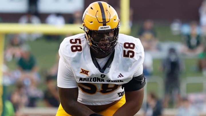 Sep 20, 2025; Waco, Texas, USA; Arizona State Sun Devils offensive lineman Max Iheanachor (58) in action against the Baylor Bears during the first half at McLane Stadium. Mandatory Credit: Chris Jones-Imagn Images
