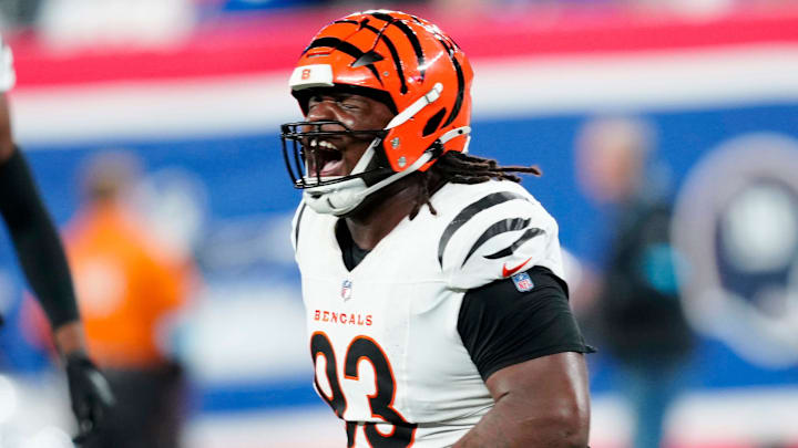 Cincinnati Bengals defensive tackle McKinnley Jackson (93) celebrates after the New York Giants missed their first of two second half field goals, Sunday, October 13, 2024, in East Rutherford. Cincinnati Bengals defensive tackle McKinnley Jackson (93) celebrates after the New York Giants missed their first of two second half field goals, Sunday, October 13, 2024, in East Rutherford.