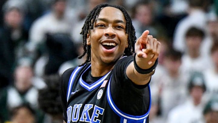 Duke's Isaiah Evans taunts the Izzone late in the second half in the game against Michigan State on Saturday, Dec. 6, 2025, at the Breslin Center in East Lansing. Duke's Isaiah Evans taunts the Izzone late in the second half in the game against Michigan State on Saturday, Dec. 6, 2025, at the Breslin Center in East Lansing.