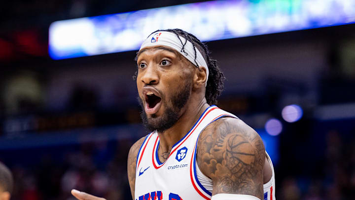 Nov 29, 2023; New Orleans, Louisiana, USA; (Editors Notes: Caption Correction) Philadelphia 76ers forward Robert Covington (33) reacts to a foul called on him by referee Jason Goldenberg (not pictured) against the New Orleans Pelicans during the first half at the Smoothie King Center. Mandatory Credit: Stephen Lew-Imagn Images