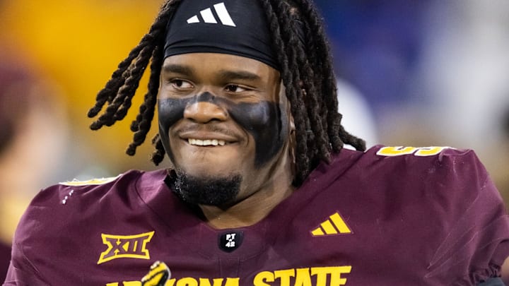 Nov 28, 2025; Tempe, Arizona, USA; Arizona State Sun Devils offensive lineman Max Iheanachor (58) against the Arizona Wildcats during the 99th Territorial Cup at Mountain America Stadium. Mandatory Credit: Mark J. Rebilas-Imagn Images