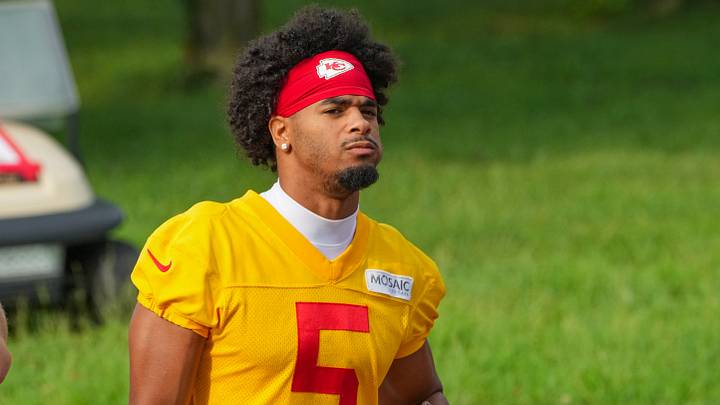 Jul 29, 2026; St. Joseph, MO, USA; Kansas City Chiefs cornerback Mansoor Delane (5) walks down the hill to the fields prior to training camp at Missouri Western State University. Mandatory Credit: Denny Medley-Imagn Images Jul 29, 2026; St. Joseph, MO, USA; Kansas City Chiefs cornerback Mansoor Delane (5) walks down the hill to the fields prior to training camp at Missouri Western State University. Mandatory Credit: Denny Medley-Imagn Images