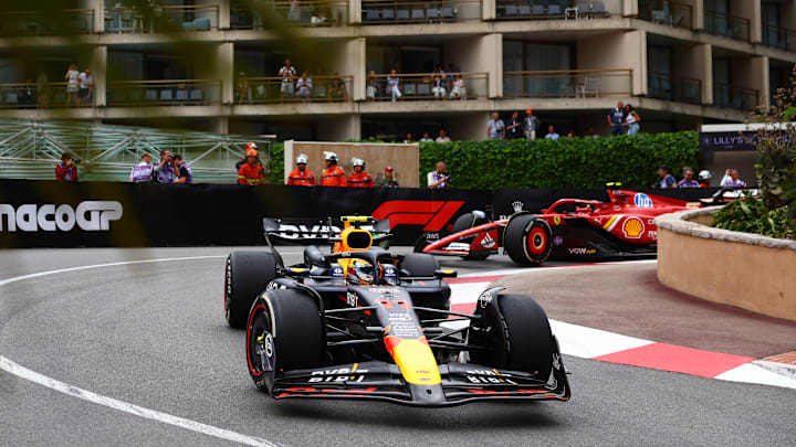 Sergio Perez of Mexico driving the (11) Oracle Red Bull Racing RB20 leads Carlos Sainz of Spain driving (55) the Ferrari SF-24 during practice ahead of the F1 Grand Prix of Monaco at Circuit de Monaco on May 24, 2024 in Monte-Carlo, Monaco. Sergio Perez of Mexico driving the (11) Oracle Red Bull Racing RB20 leads Carlos Sainz of Spain driving (55) the Ferrari SF-24 during practice ahead of the F1 Grand Prix of Monaco at Circuit de Monaco on May 24, 2024 in Monte-Carlo, Monaco.