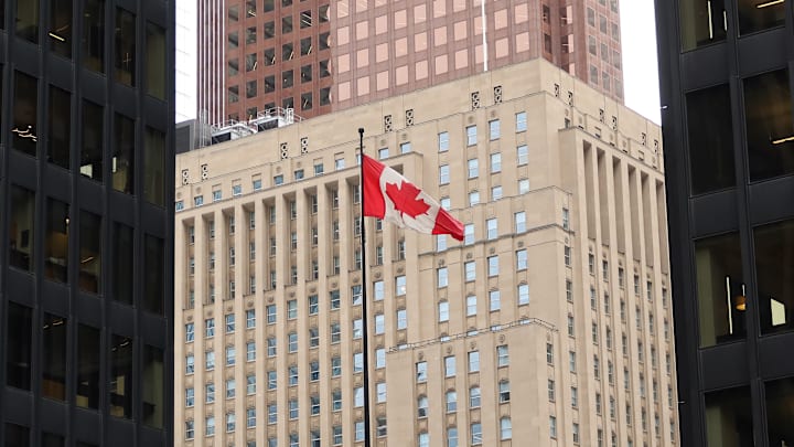 Canadian Flag Flies in the Financial District in Toronto, Canada