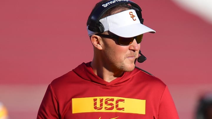 Nov 16, 2024; Los Angeles, California, USA; Southern California Trojans head coach Lincoln Riley watches game action against the Nebraska Cornhuskers during the second half at the Los Angeles Memorial Coliseum. Mandatory Credit: Gary A. Vasquez-Imagn Images