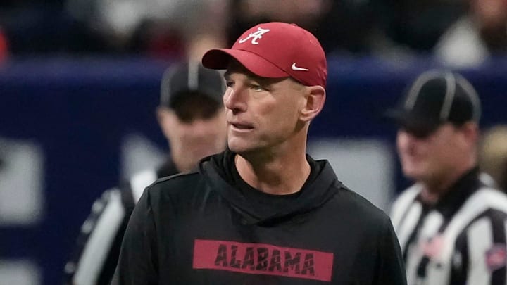 Dec 6, 2025; Atlanta, GA, USA; Alabama head coach Kalen DeBoer watches the Crimson Tide warm up before the SEC Championship Game at Mercedes-Benz Stadium. Mandatory Credit: Gary Cosby Jr.-Tuscaloosa News