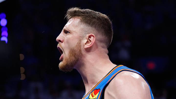 May 20, 2026; Oklahoma City, Oklahoma, USA; Oklahoma City Thunder center Isaiah Hartenstein (55) reacts to a play during the fourth quarter against the San Antonio Spurs during game two of the western conference finals for the 2026 NBA playoffs at Paycom Center. Mandatory Credit: Alonzo Adams-Imagn Images