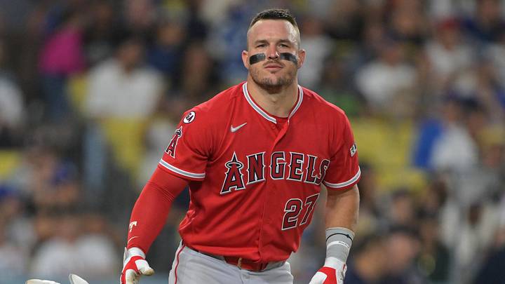Jun 5, 2026; Los Angeles, California, USA; Los Angeles Angels center fielder Mike Trout (27) reacts after he was called out on strikes in the ninth inning against the Los Angeles Dodgers at Dodger Stadium. Jun 5, 2026; Los Angeles, California, USA; Los Angeles Angels center fielder Mike Trout (27) reacts after he was called out on strikes in the ninth inning against the Los Angeles Dodgers at Dodger Stadium.